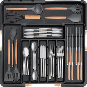 Homecor Silverware Organizer - Expandable Large Kitchen Drawer Organizer Utensil Organizer with 2 Removable Knife Blocks, 22"x 19"Cutlery Tray Drawer Dividers for Kitchen Flatware(6-9 Slots) (Black)