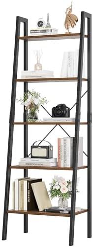 FINETONES 5-Tier Ladder Shelf, Ladder Bookshelf Bookcase with Metal Frame, Plant Rack Display Shelf Accent Furniture for Home Office, Black/Rustic Brown FINETONES 5-Tier Ladder Shelf, Ladder Bookshelf Bookcase with Metal Frame, Plant Rack Display Shelf Accent Furniture for Home Office, Black/Rustic Brown