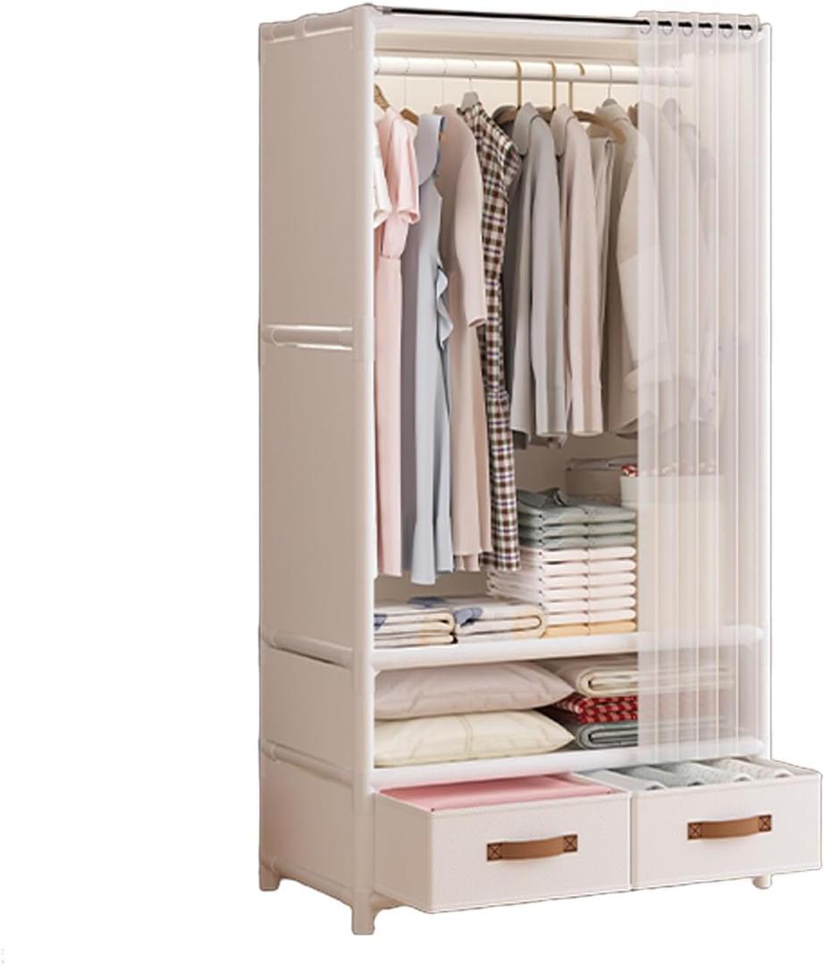 Portable Closet,Wardrobe,Heavy Duty Clothes Rack with Cover,Japanese Style Garment rack Clothing rack with 2 Drawers,1 Hanging Rods and 2 Storage Shelves,27.5" L x 17.7" W x 65.1" H,White
