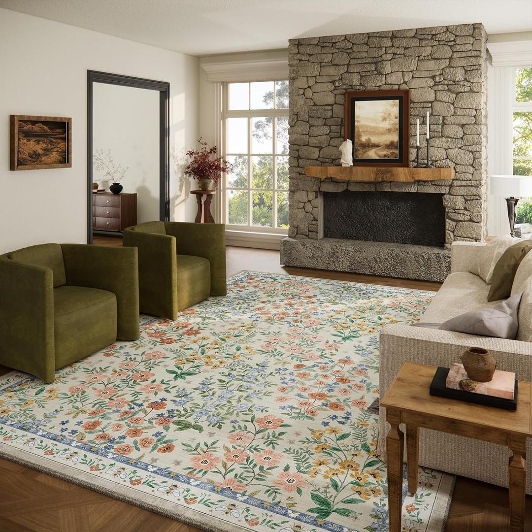 Washable Area Rugs for Living Room: 9x12 Area Rug for Bedroom Vintage Stain Resistant Non Slip Low Pile Lightweight Soft Carpet for Kitchen Dining Room Farmhouse Kids Room Nursery  9' x 12' (Rectangular), Floral-light Green