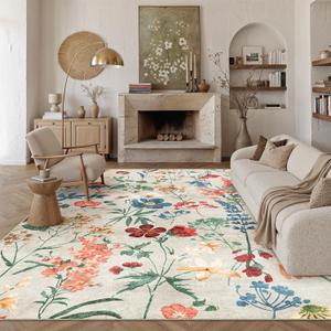 PureCozy Beige Area Rug 8x10 Floral Washable Living Room Kitchen Boho Carpet Non Slip Low Pile Indoor Accent Lightweight Soft Throw Rug for Bedroom Office Dining Room Nursery Farmhouse