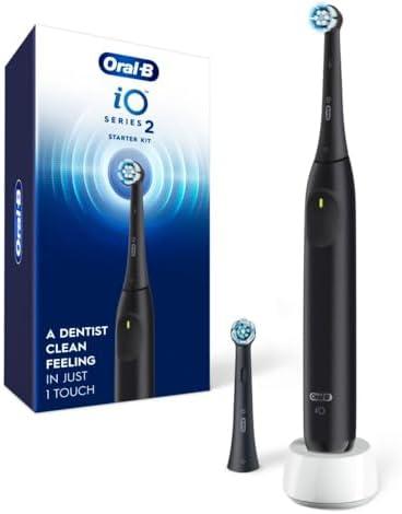 Oral-B Rechargeable Electric Toothbrush, iO2 Starter Kit, 3 Cleaning Modes, Automatic Pressure Sensor to Protect Gums, 2 Brush Heads, Night Black