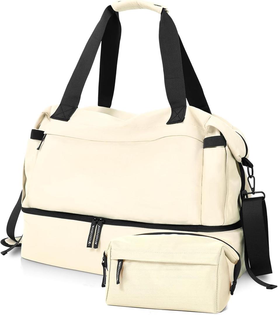 Gym Bag for Men Women, Tactical Travel Duffel bag with Removable Dividers & Shoe Compartment, Weekender Carry on Bag with Toiletry Bag, Overnight Range Bag for Workout Soccer Yoga Gym (White)