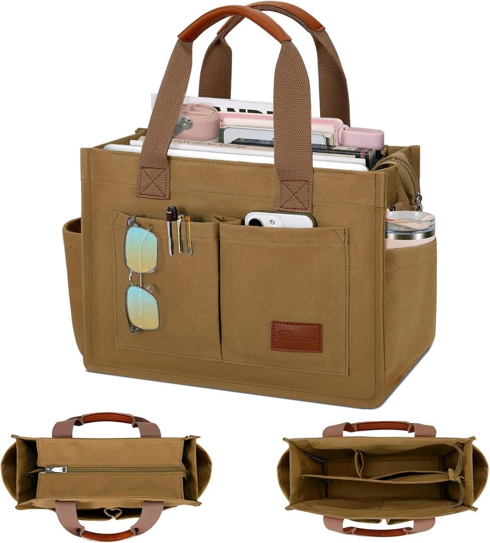 KKXIU Large Canvas Tote Bag for Women with Zipper and Compartments Crossbody Work Bible Messenger Purse Bag With Pockets - Plus Khaki