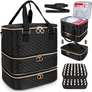 Nail Polish Organizer Bag, 3 Layers Nail Kit Organizers and Storage Case Holds 84 Bottles(15ml/0.5fl.oz)& Nail Lamp, Large Shoulder Bag Travel Carrying Case Box for Nail Supplies (Black)