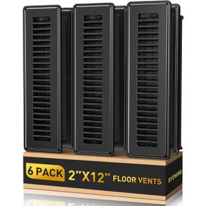BYEWIRE 2x12 Floor Register 6-Pack, Heavy Duty Steel Floor Vent Covers, Adjustable Quiet Airflow Vent Grill, Rust-Proof Black Finish 2 inch by 10 Inch HVAC Vents for Floor/Sidewall