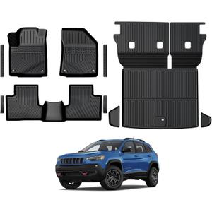 Floor Mats for Jeep Cherokee 2019-2023, All Weather Floor Mats Trunk Cargo Liner with Backrest Protectors and Door Sill Guards Accessories, Full Coverage Set