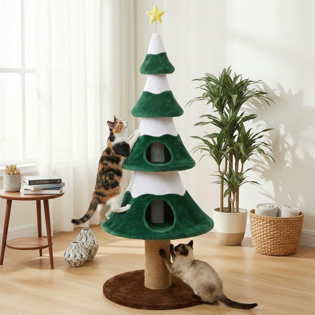62" Cat Tower for Indoor Cats, Multi-Level Wooden Cat Tree with Sisal Scratching Posts, Cozy Cat Beds & Modern Holiday Design, Green
