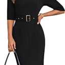 GRACE KARIN Women's Work Dress 3/4 Sleeve V Neck Bodycon Sheath Dress Zipper Up Office Business Dresses with Belt (Black, XXL)