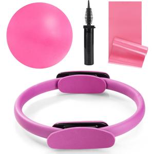 Tsikavo Pilates Ring, Pilates Ring Circle and Ball Set, 12 Inch Magic Circle Pilates Ring, 9 Inch Small Exercise Ball, Resistance Bands Set, Home Pilates Equipment for Women (Pink)