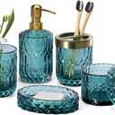 EMPO 6PCS Bathroom Clear Glass Accessories Set (Lotion Soap Dispenser, Soap Dish, Toothbrush Holder, Tumbler, Cotton Swab Jar), Contemporary Modern Decor Crystal Vintage Gift (6pcs Ocean Teal Blue)