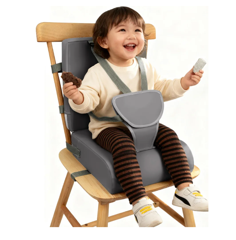 Toddler Booster Seat for Dining Table with Adjustable Straps, Kids Booster Seat for Kitchen Chair with Non-Slip Bottom, PU Anti-Scratch Portable Detachable Increasing Cushion (Dark Grey)