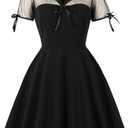 Women's Vintage Gothic Cocktail Dresses Cutout Keyhole Collar Illusion Mesh Sleeve Mini Dress A Line Knee Length Goth Dress (Black, S)