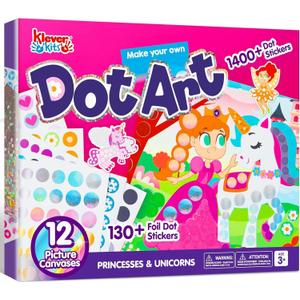 Klever Kits Dot Art Kit for Kids, No Mess Sticker for Toddlers 3-7, Craft Kits, DIY Creative Activity, Travel Toy, Birthday Presents for Boys Girls (Unicorns & Princess)