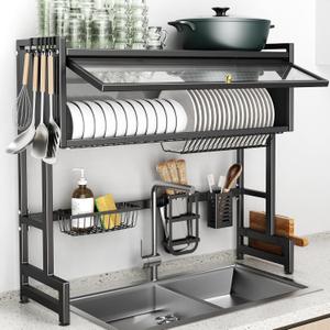 Over The Sink Dish Drainer Drying Rack 3 Tiers with Cover, Keep Kitchen Sink Shlef Organized Space-Saving Dish Drying Rack, Large Stainless Steel Sink Drying Rack for Dishes, Bowls, Cutlery (33.4"W)