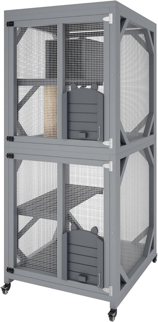 4 Tier Wood Catio Outdoor Window Cat Enclosure, Cat House On Wheels with Scratch Post, Resting Box, 4 Platforms, 2 Sliding Doors & Weatherproof Roof, Cats Kitty Condo Cage Shelter Playpen