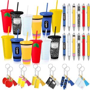Qinyoung 36 Pcs End of Year Teacher Gifts, Back to School Gifts, 24 oz Composition Tumbler Cups Ballpoint Pen and Keychain Set for Back to School, End of Year Party Favors Supplies