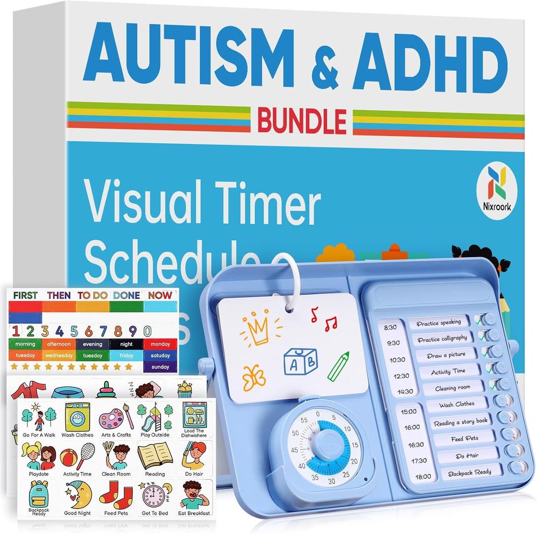 5-in-1 Visual Timer and Schedule Planner for Kids with ADHD & Autism Learning Materials Bundle, Task Timer with Chore Chart Board for Kids, Sensory Products Toys for Home, School (100+ Cards)