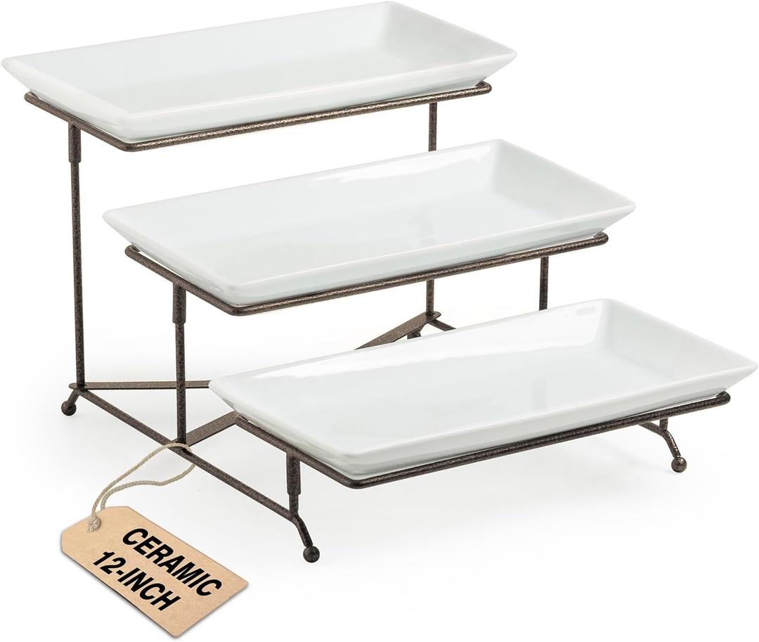 LAUCHUH 3 Tier Serving Tray for Party, Porcelain Tiered Serving Tray Stand Collapsible Sturdier Metal Rack Fruit Tray with 2 Cross Bars for Mother's Day Dessert Party Display Set, 12 Inch, Bronze