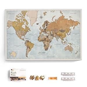 Canvas World Map with Cork Pin Board - English Lettering - Decorative Wall Decoration for All Rooms - Canvas Pictures with World Map Motif (90x60 cm, Pattern 14)