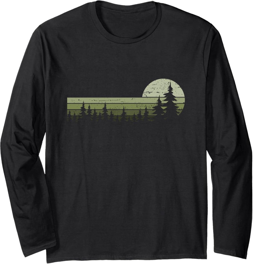 Trees Wildlife Nature Vintage Forest Long Sleeve T-Shirt (XL, Black)
