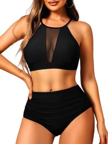 EHSUYAB 2 Piece High Waisted Bikini Set for Women, High Neck Bathing Suit Tummy Control, Ruched Full Coverage Modest Swimsuit, Black, M