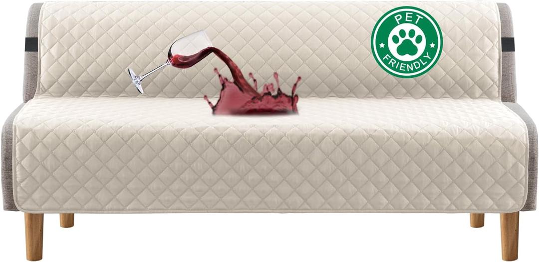 Turquoize 100% Waterproof Futon Cover Futon Slipcover Washable Armless Sofa Bed Slipcover Protector Seat Width Up to 70" with Adjustable Elastic Strap Anti-Slip for Dogs, Ivory