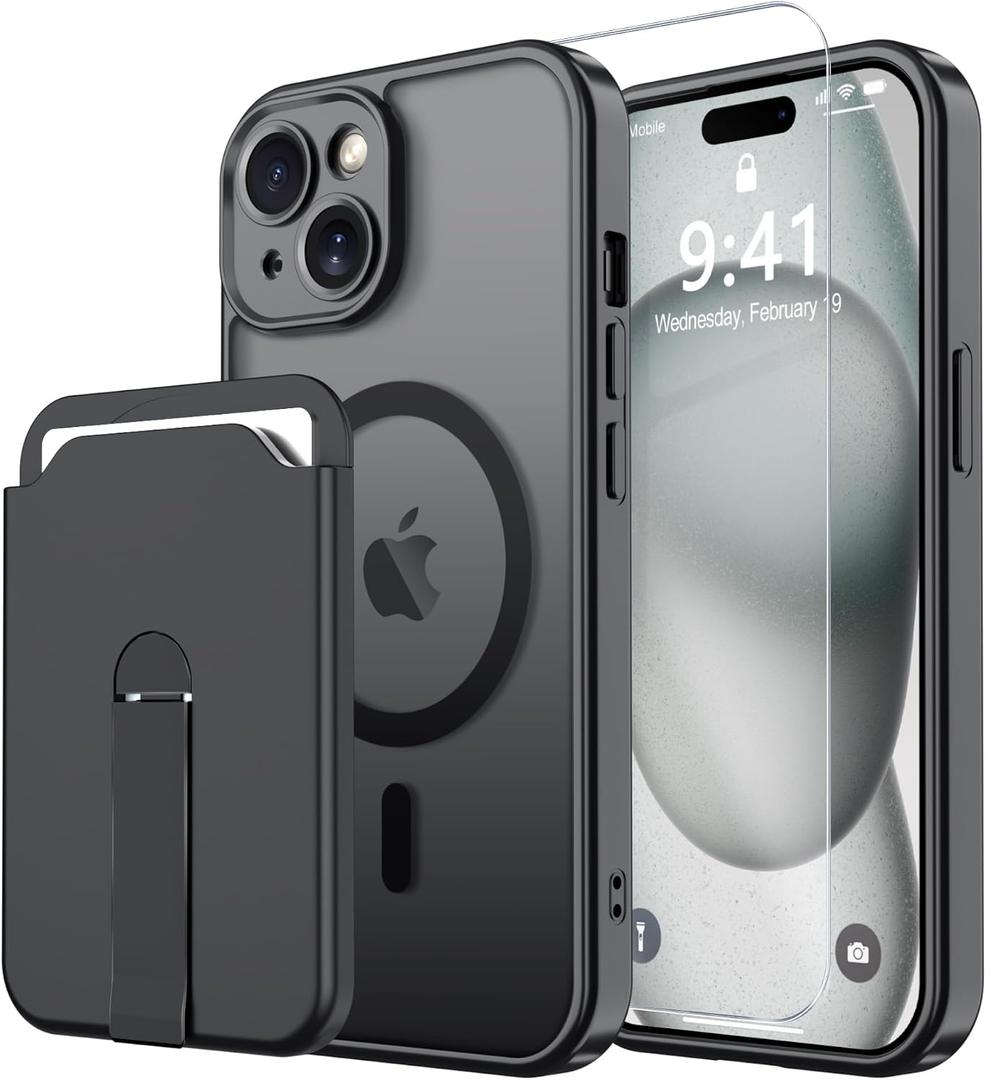 Magnetic for iPhone 16 Plus Case with Screen Protector+Removable Wallet | Compatible with MagSafe,Slim Translucent Matte Phone Cover with Magnet Credit Card Holder,Black