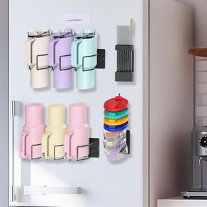 Magnetic Stanley Cup Holder for Fridge, Water Bottle Organizer for Stanley 30/40 oz, 4 Pack Set with 2 Cup Holders, Lid Organizer, Straw Rack,Cup Accessories, Thoughtful Gift for Tumbler Fans