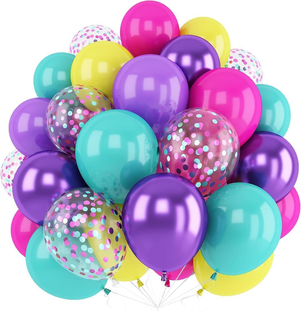 Pink Blue Purple Balloons,60 Pcs 12 Inch Confetti Party Balloons Hot Pink Metallic Purple Yellow Teal Balloon Multicolor Latex Balloon for Magic Theme Birthday Party Decorations