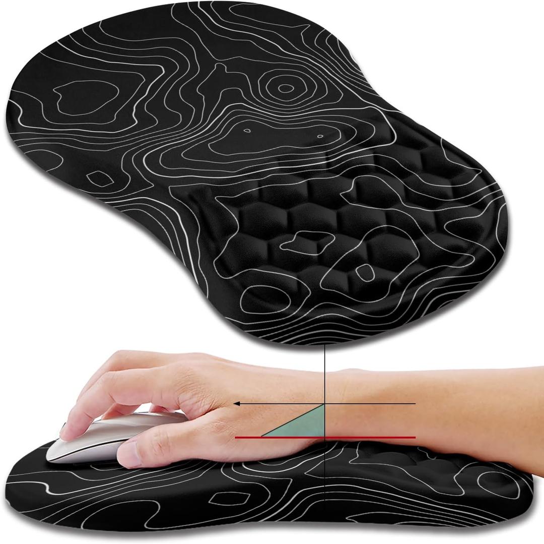 Hokafenle Ergonomic Mouse Pad Wrist Support, Wrist Rest Mousepad for Carpal Tunnel Pain Relief with Integrated Memory Foam Slope Massage Bulge (11.8 x 7.9 inch, Topographic Contour)
