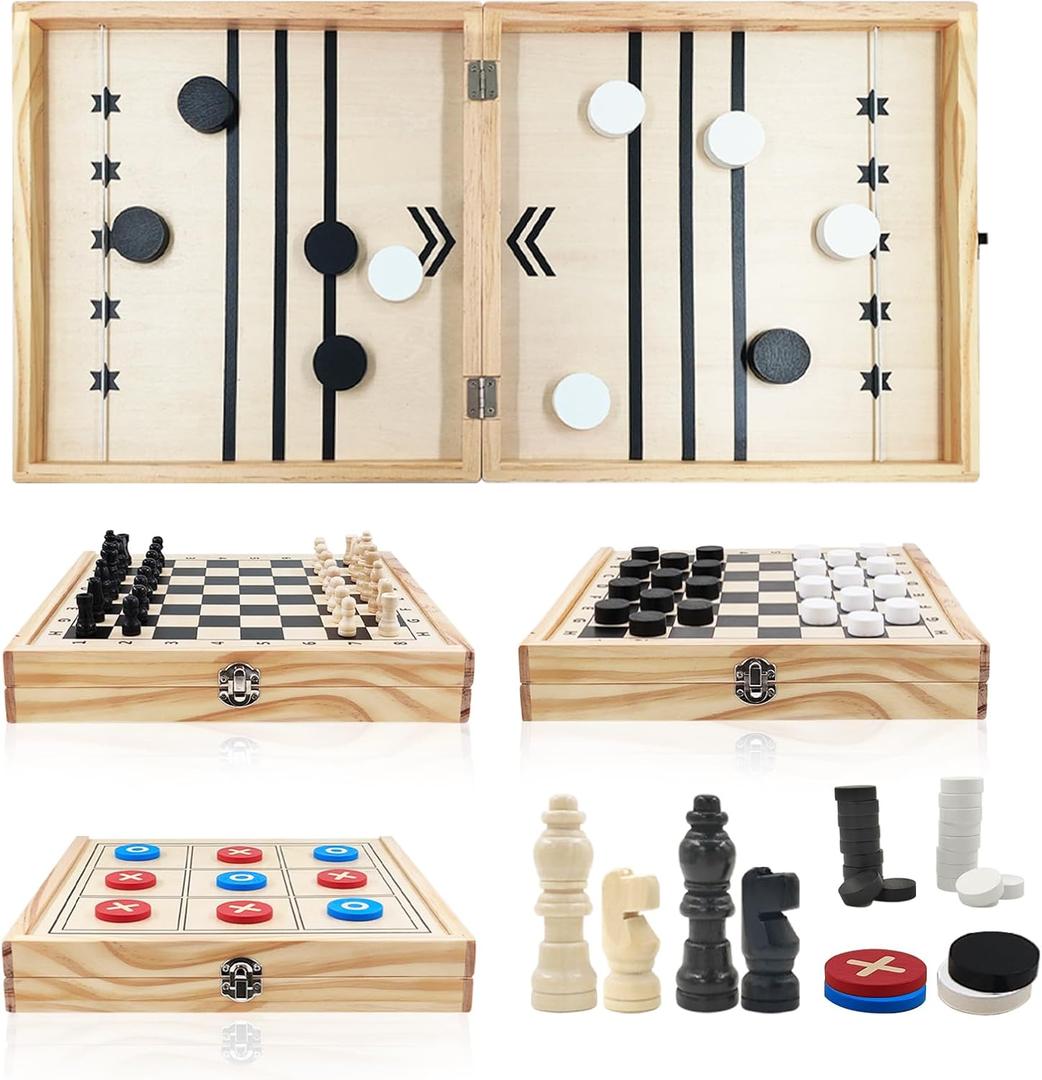 4 in 1 Wooden Fodable Fast Sling Puck Game Set Chess, Tic Tac Toe, Checkers Board Game for Kids & Adults, Portable Tabletop Family Toy for Travel & Game Night