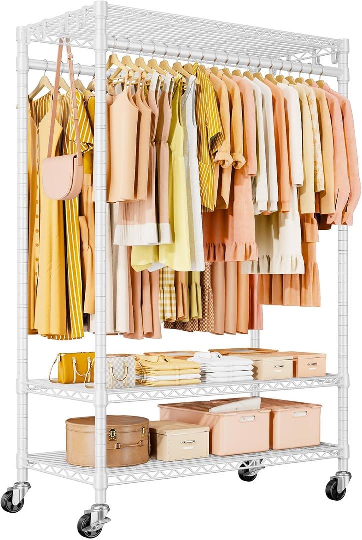 ULIFHOME P7 Rolling Clothes Rack, Clothing Racks for Hanging Clothes, Heavy Duty Garment Rack with Wheels, 3 Tiers Freestanding Portable Closet Rack 45''W 20.5''D 80.5''H, Max Load 480 lbs, White