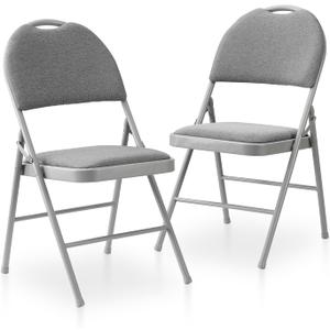 BOOSDEN Folding Chairs Set of 2, Heavy Duty Metal Folding Chairs with Padded Fabric Seats, Big Backrest Foldable Chair for Outdoor & Indoor & Dining & Party, Grey, Large