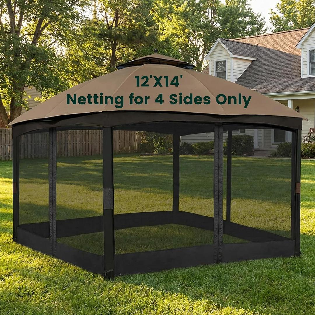 Gazebo Universal Replacement Mosquito Netting, Upgrade 12' x 14' Outdoor Canopy Net Screen 4-Panel Sidewall Curtain, with Zippers, Easy to Install, Fit for Most Gazebo 12x14 Canopy, Black