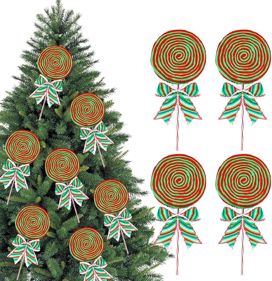 Large 17 Inch Christmas Candy Cane Ornaments Woolen Lollipop Christmas Tree Candy Cane Hanging Decor for Xmas Winter Holiday Party Supplies (4, Red & Green)