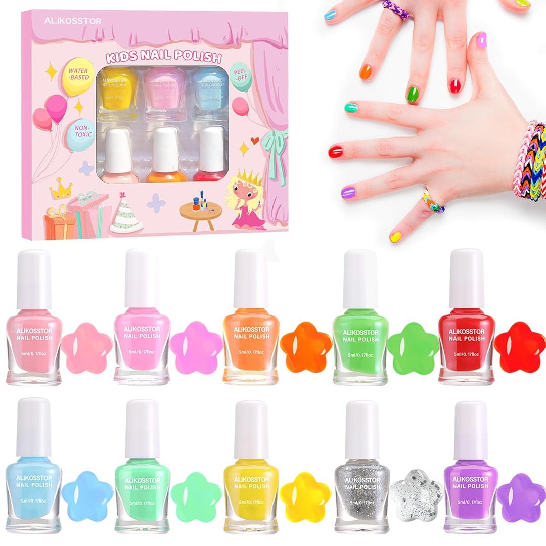 Kids Nail Polish Set for Girls - 10 Rainbow Colors Non-Toxic Quick Dry Peel Off Water Based Nail Polish Toys Kit for Toddler Teen Party