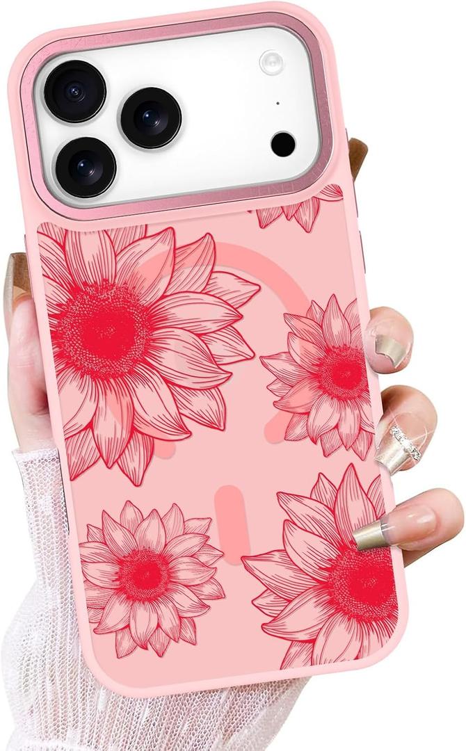 OOK Pink Case Design for iPhone 17 Pro Max Case, Compatible with MagSafe, Cute Sunflower Floral Blooms Design Frosted Shockproof for Women Girls Magnetic Phone Cover - Pink Flower