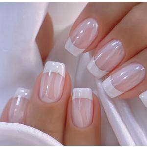 CurvLife Press on Nails Short Square Acrylic Fake Nails with Apricot Design Full Cover False Nails Glossy Nude Glue on Nails Artificial Stick on Nails for Women (Silk Touch)