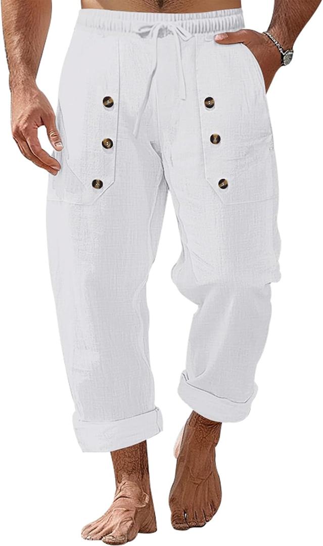 Mens Linen Pants Casual Summer Vacation Baggy Beach Pants Buttoned Elastic Waist Drawstring Yoga Trousers with Pockets (White, XXL)