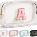 YOOLIFE Initial Make Up Bag Travel Toiletry Bag, Clear Makeup Bag Preppy Stuff Travel Essentials Pink Gifts for Women Teen Girlfriend Teacher Mom Birthday Valentines Gifts for Her Wife White A