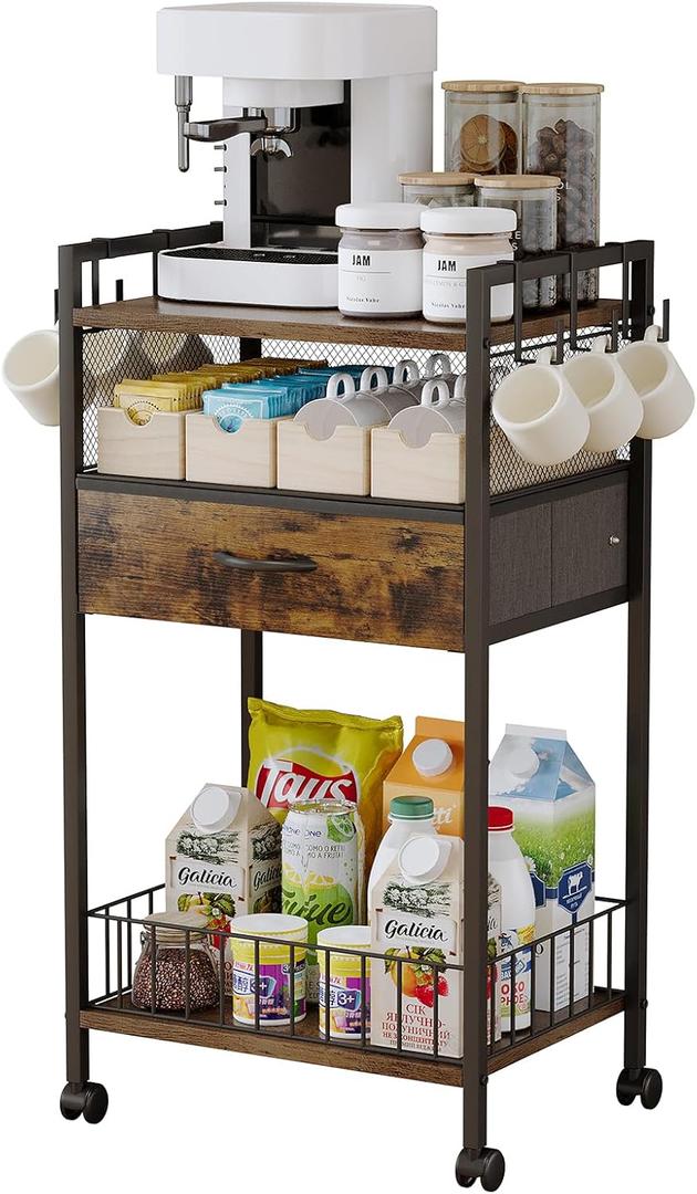 Small Coffee Bar Cart with Drawer Srorage, Office Coffee Bar Station Organizer Mug Cup Holder Stand, K Cup Holder Rack for Home Buffets & Sideboards for Kichen, Entryway, Living Room (Black)