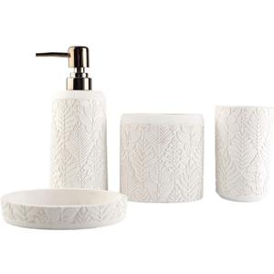 Hymmah Bathroom Accessories Set,Toothbrush Holder,Farmhouse Decor,4 Pcs Resin Gift Apartment Necessities, Contain Toothbrush Cup,Soap Dispenser & Dish,Tumbler (Leaf White)