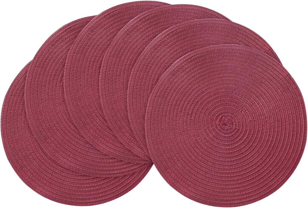 Floroom 15 Inch Round Braided Placemats Set of 6, Washable Heat Resistant Cotton Polyester Circle Place Mats for Kitchen Dining Table - Burgundy