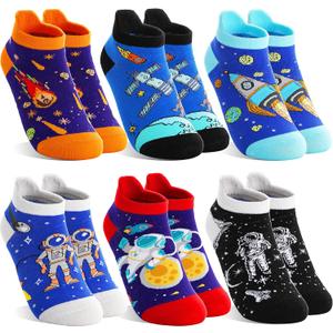 MOGGEI Kids Boys Ankle Socks Low Cut No Show Funny Cartoon Fun Cute Novelty Cotton Socks 6 Pairs (1-3T, Space)