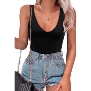 SAUNGKUAI Womens Bodysuit Sexy Plunge Deep V Neck Backless Sleeveless Tank Thong Body Suits Outfits for Going Out (Small, A-black)
