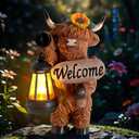 YEPOTUE Garden Highland Cow Decor, Solar Outdoor Statue with Lantern Funny Highland Cow Figurine for Yard Garden Patio Lawn Ornaments - Unique Birthday Gifts for Mom, Women