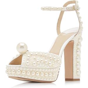 Goolita Womens Open Toe Pearl Platform Heels For Women Chunky Buckle Ankle Strap Wedding Heeled Sandals Dress Evening Bride Bridal Shoes (7, Apricot)