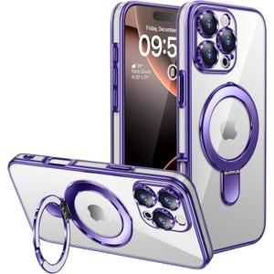 for iPhone 16 Pro Max Case,with Magnetic Invisible Ring Stand,Camera Lens Protecto,Transparent Electroplating Soft TPU Bumper Phone Case,Unisex Not Yellowing Slim Fit Case,Purple JUS25-15