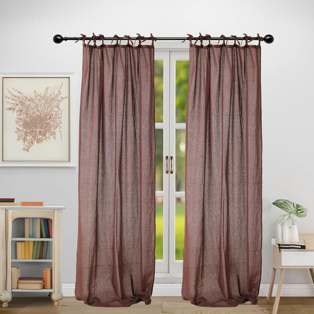 THE ART BOX Natural Gauze Blended Curtains Linen Sabsitute Energy Efficient Light Filtering Tie Top Door Window Treatment 2 Panel Drapes for Livingroom (Chocolate, L 63" X W 42" Each Panel)